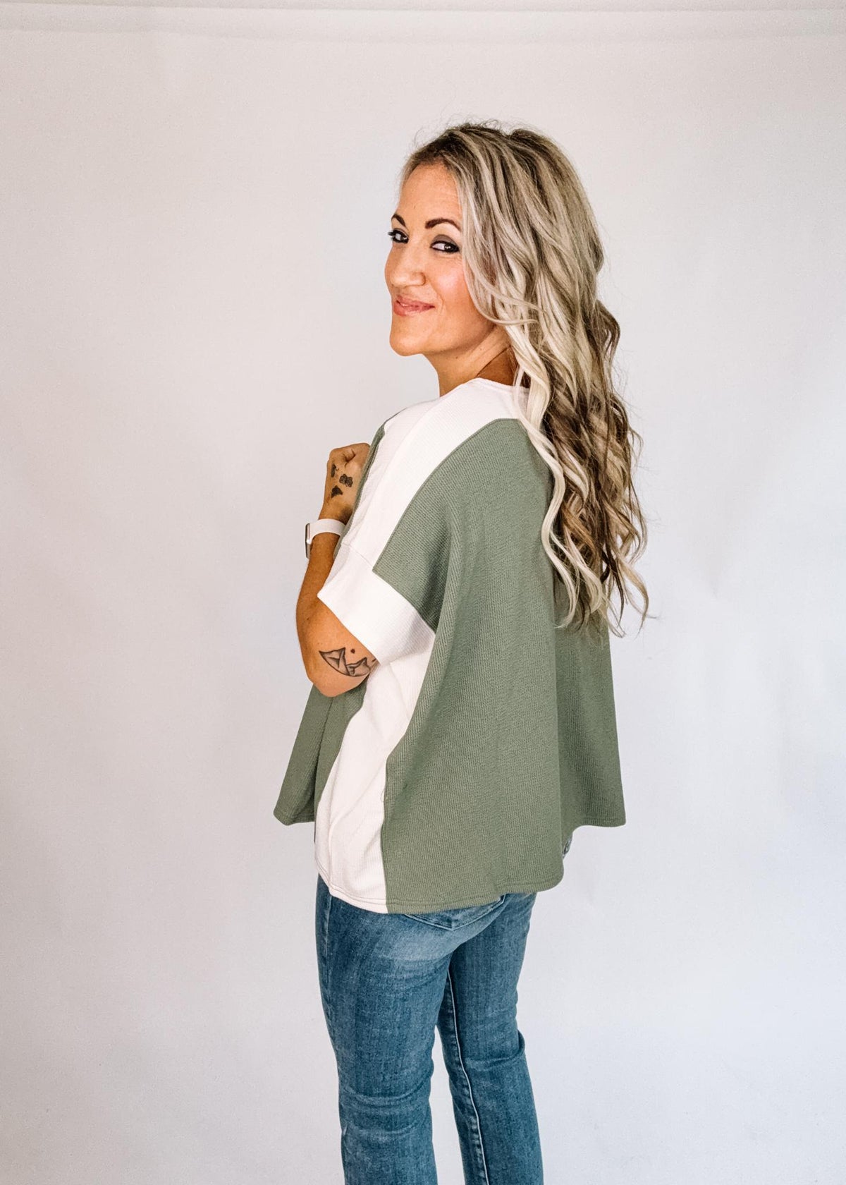 Green and ivory Trim Poncho Top