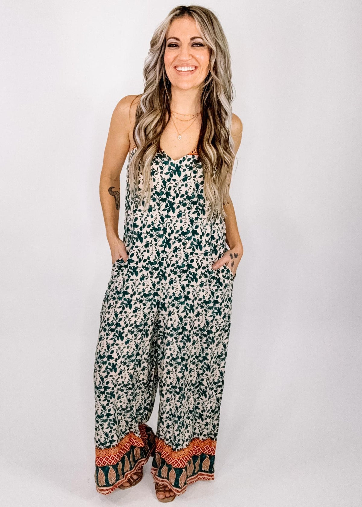 Emerald and Ivory Floral Jumpsuit