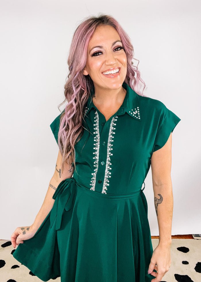 Green Collar Mini Dress with Rhinestone Trim Detail