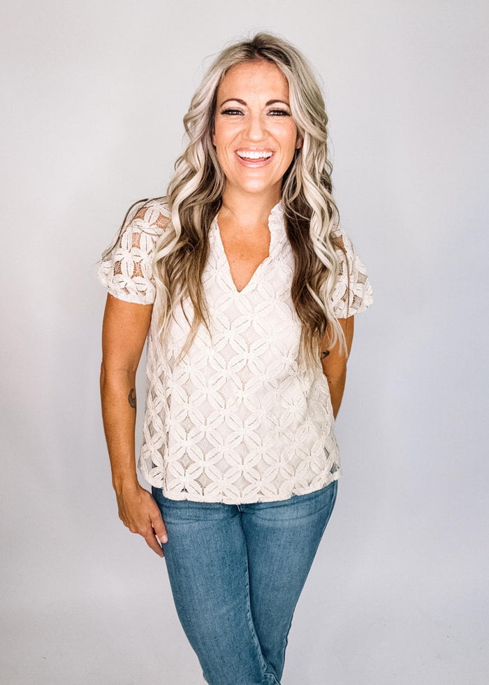 Notch Neck Puff Sleeve Lace Top