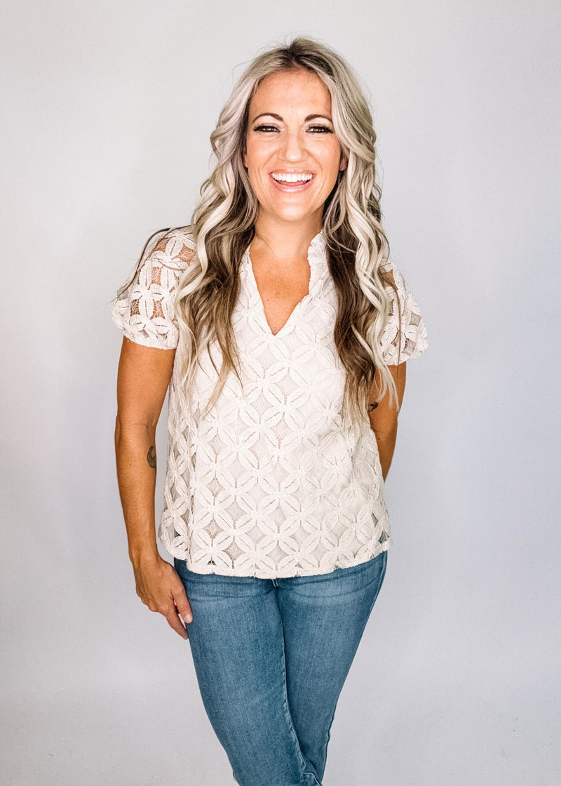 Notch Neck Puff Sleeve Lace Top