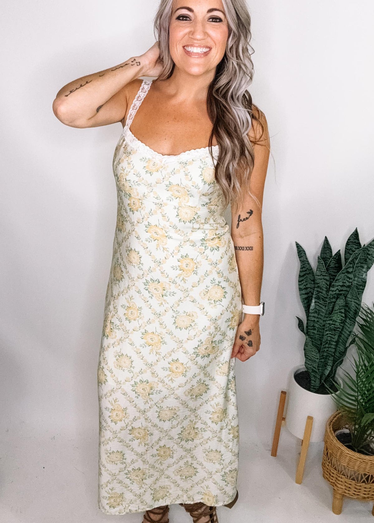 Cream and Yellow Lace Trim Midi Dress