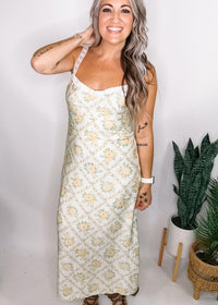 Cream and Yellow Lace Trim Midi Dress