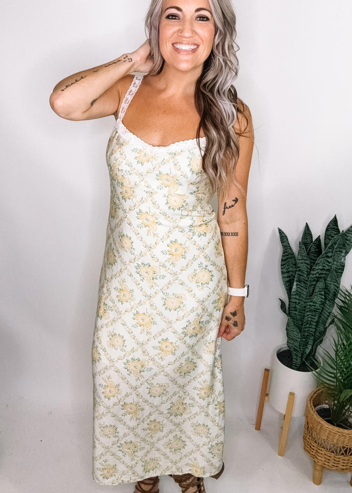 Cream and Yellow Lace Trim Midi Dress