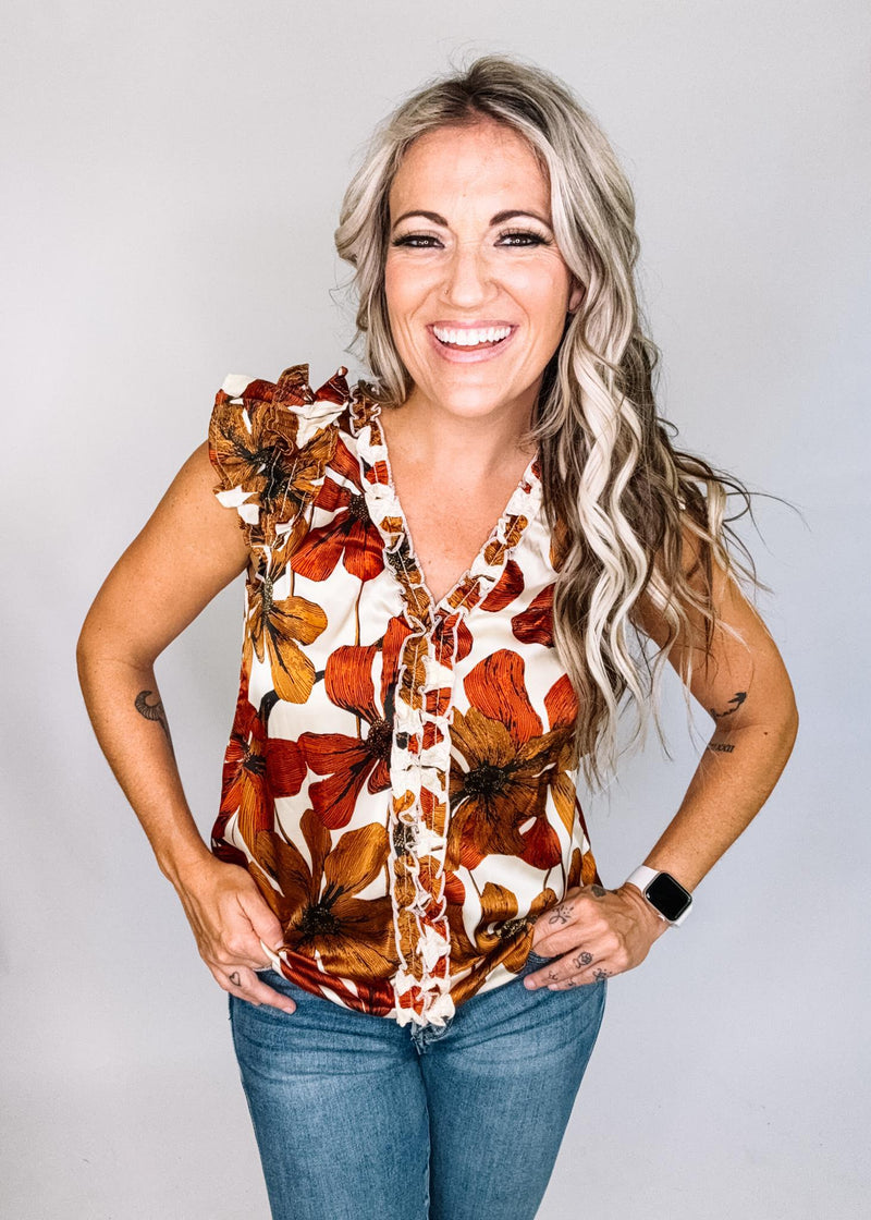 Floral Satin Ruffle Blouse