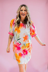 Pink Printed Puff Sleeve Dress