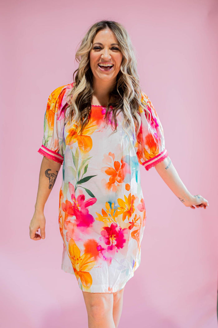 Pink Printed Puff Sleeve Dress