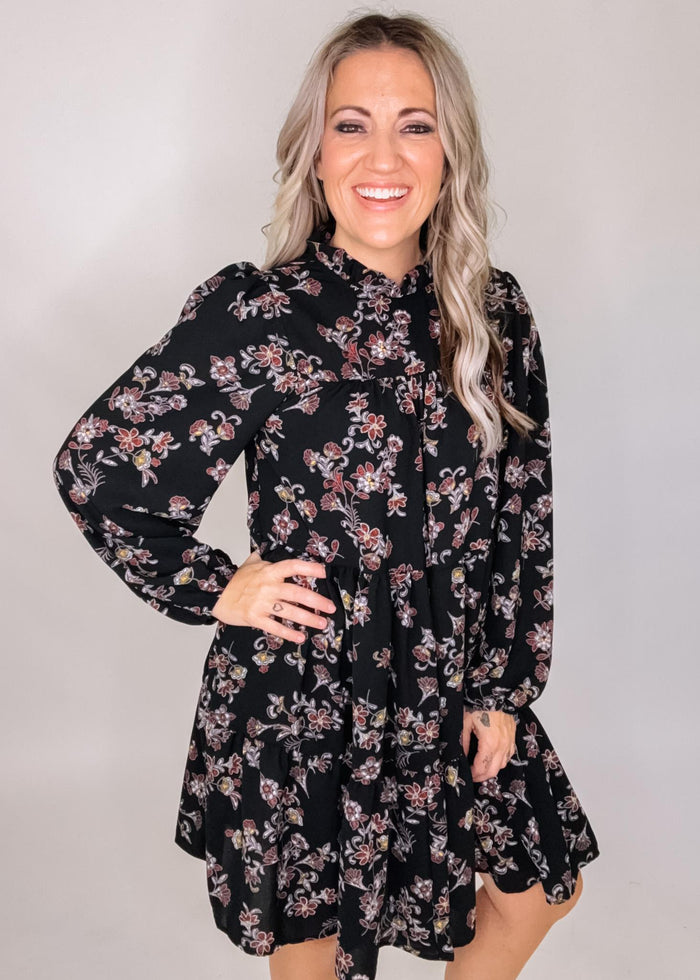 Black Floral Mock Neck Chiffon Dress