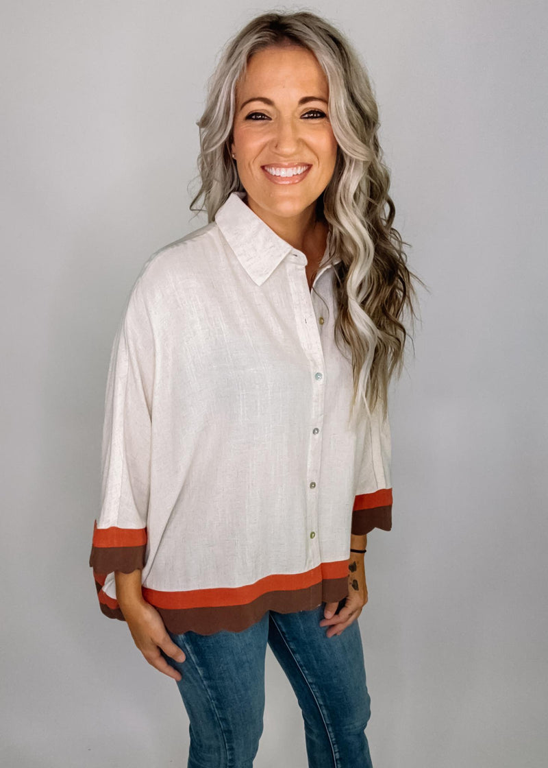 Oatmeal Button Down Poncho Top with Wavy Trim
