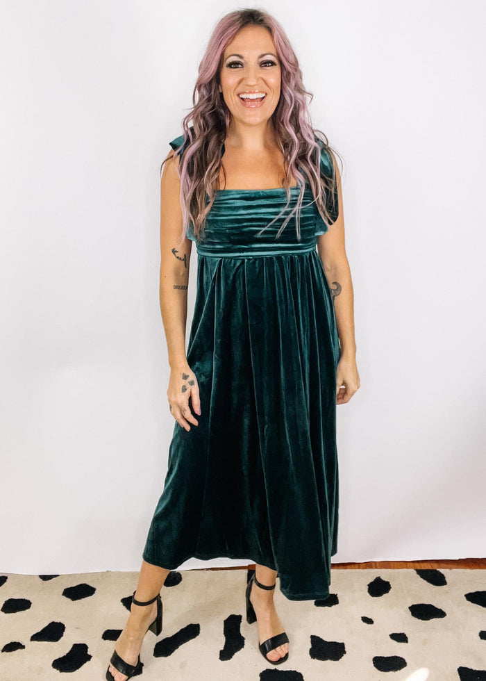 Velvet Shirred Tie Strap Midi Dress