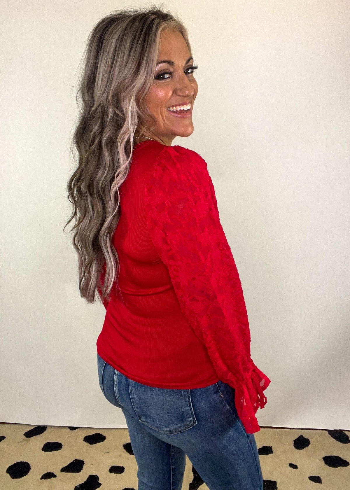 Red Lace Bell Sleeve Top