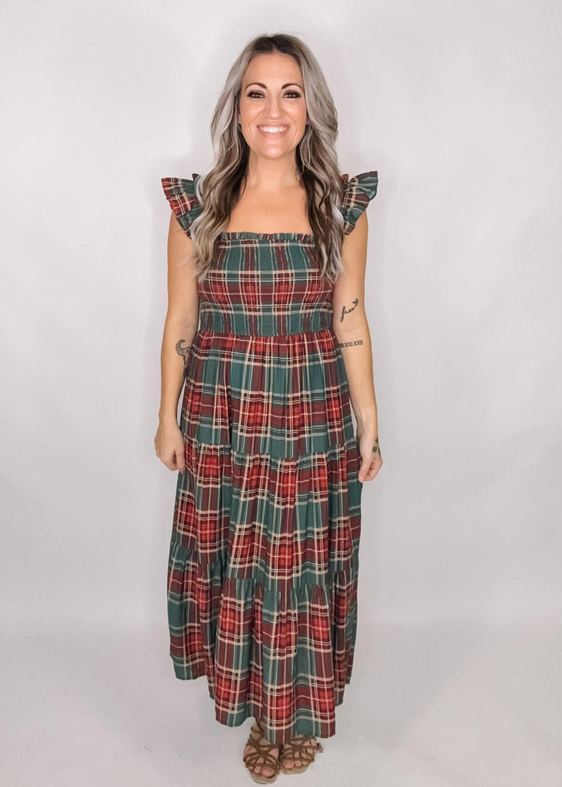 Holiday Plaid Smocked Tiered Midi Dress