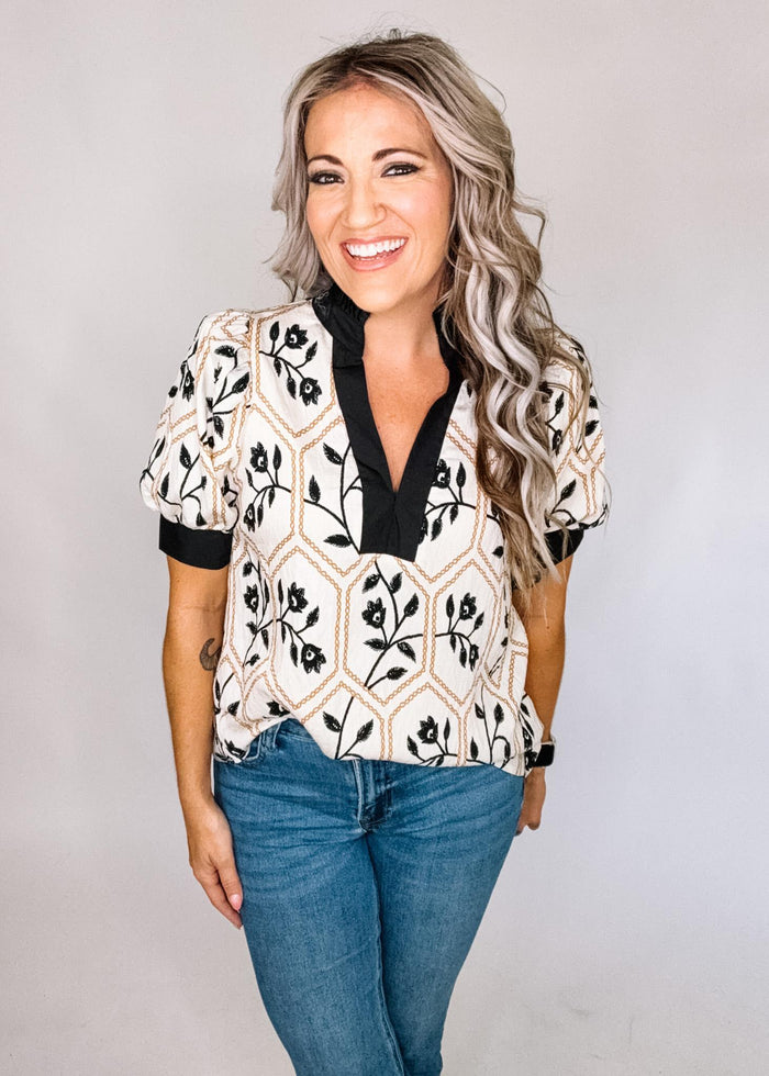 Entro Black Floral Embroidered Top