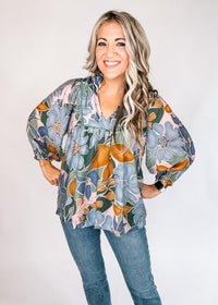 Blue Green Caramel Floral Blouse