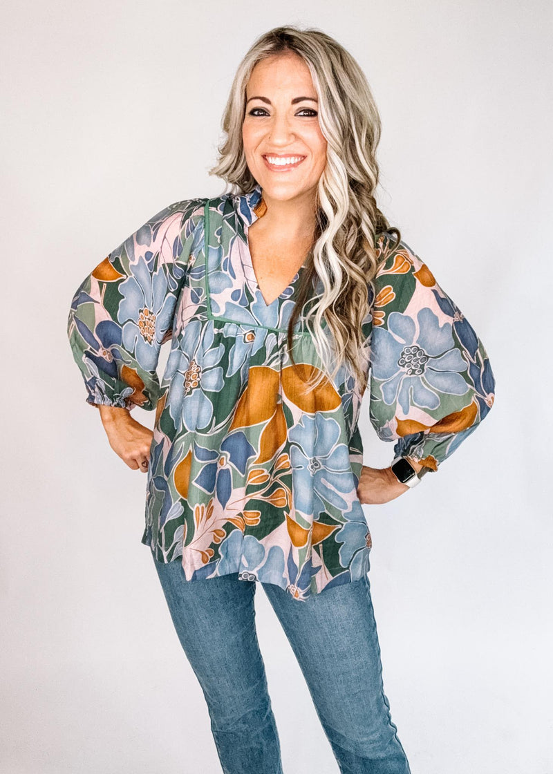 Blue Green Caramel Floral Blouse