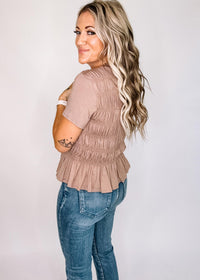 Solid Mocha Top with Smock Detail