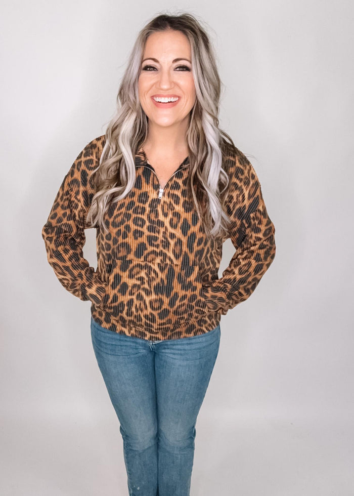 Leopard Ribbed Half Zip Pullover