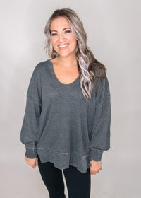 Cotton Blend Waffle Knit Oversized Long Sleeve Top