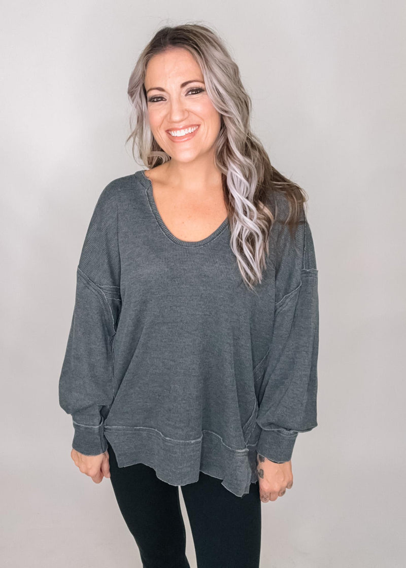 Cotton Blend Waffle Knit Oversized Long Sleeve Top