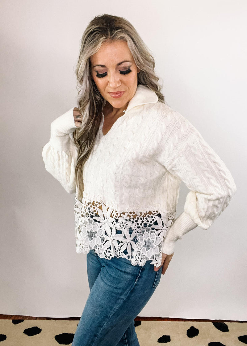 Cable Knit Sweater with Floral Crochet Lace