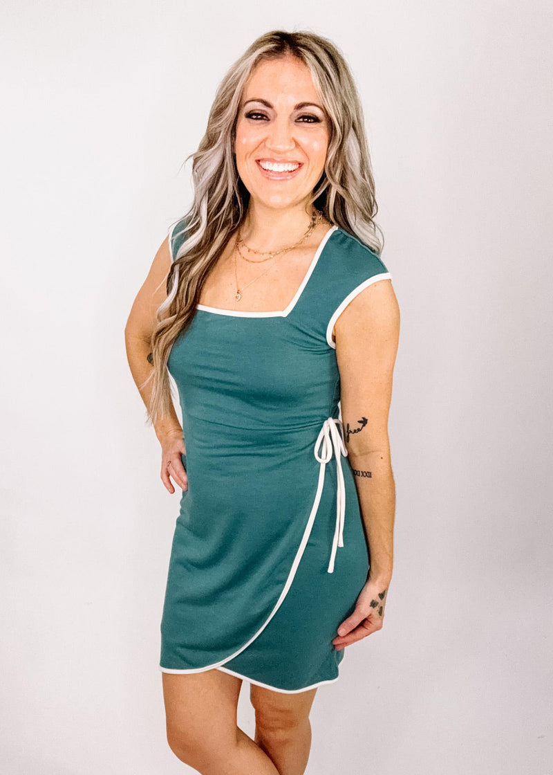 Teal Faux Wrap Mini Dress with White Trim