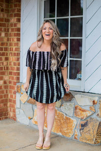 Off Shoulder Embroidered Stripe Mini Dress
