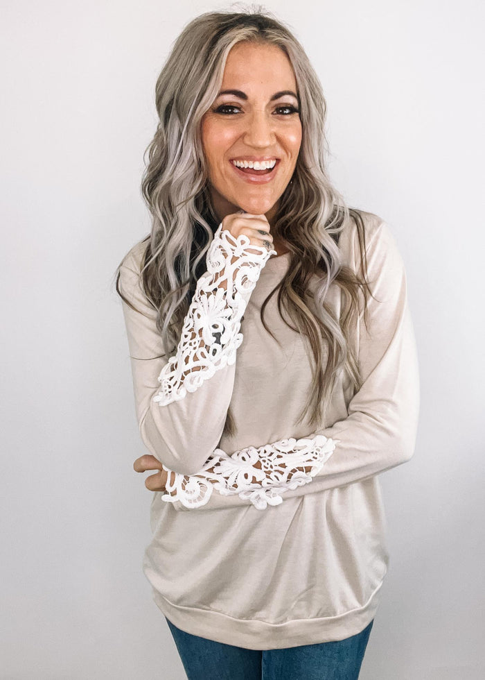 Taupe French Terry Pullover with Crochet Sleeve Detail