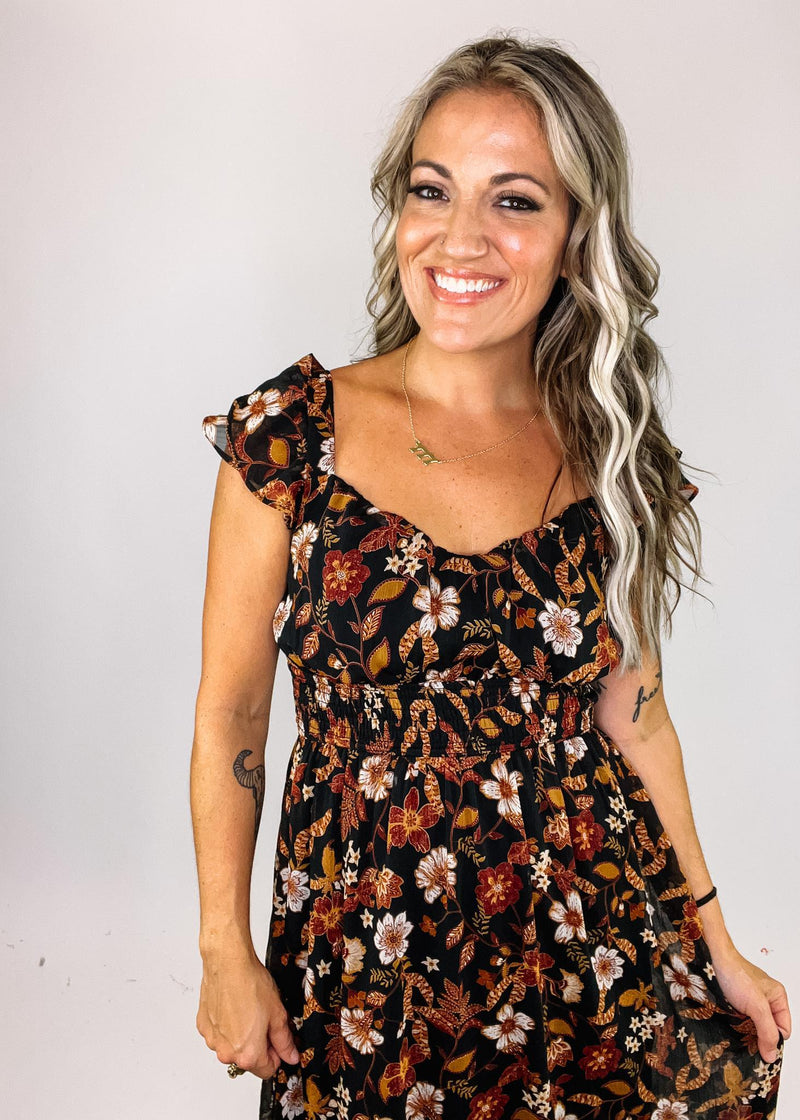 Amber and Black Lace Back Fall Floral Midi