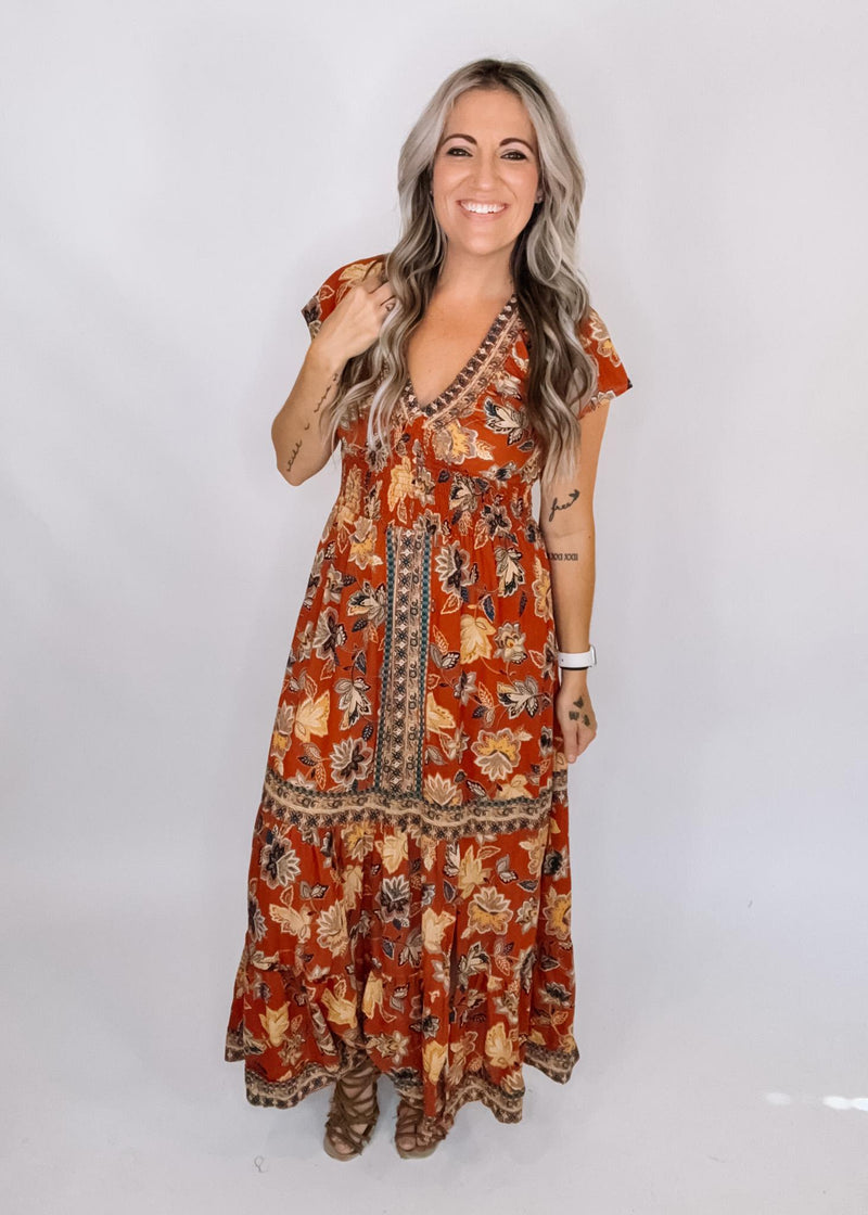 Short Sleeve Fall Printed Maxi Dress