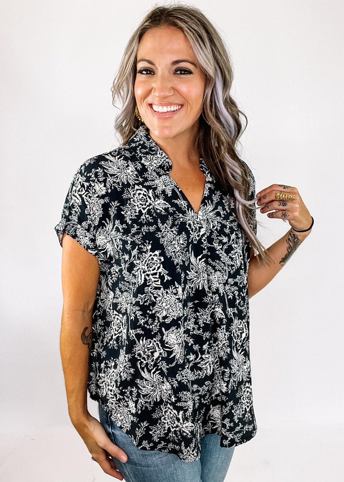 Navy Ivory Floral Dolman Blouse