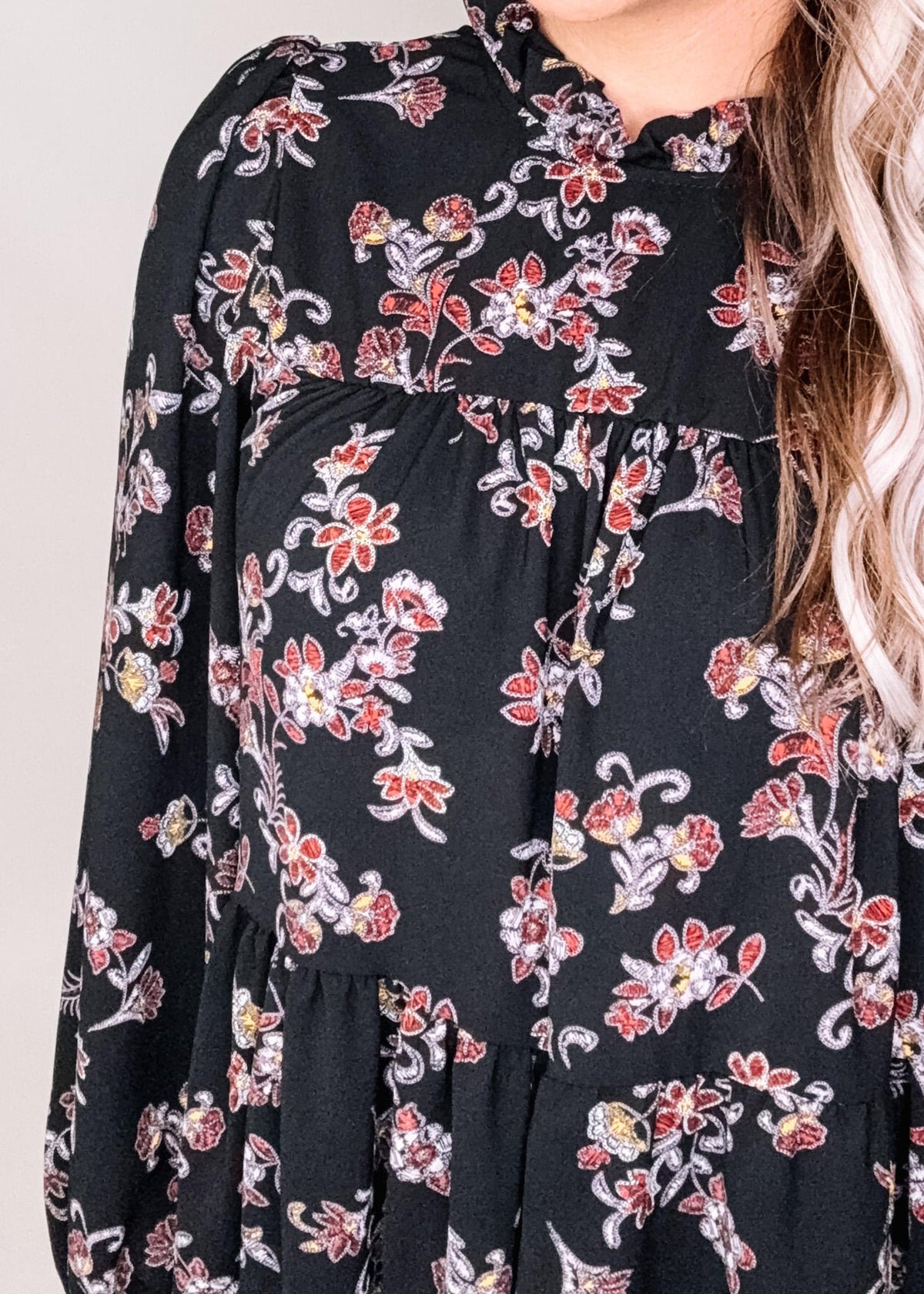 Black Floral Mock Neck Chiffon Dress