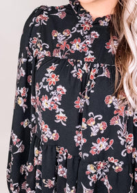 Black Floral Mock Neck Chiffon Dress