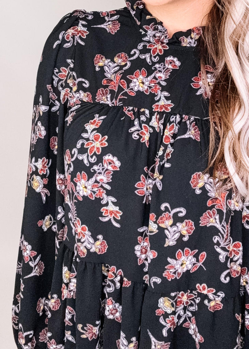 Black Floral Mock Neck Chiffon Dress