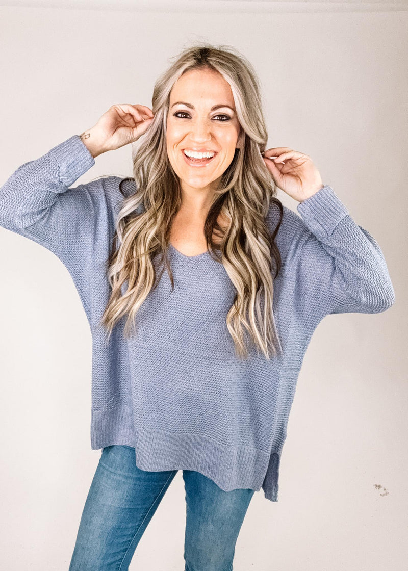 Slate Blue V Neck Knit Sweater