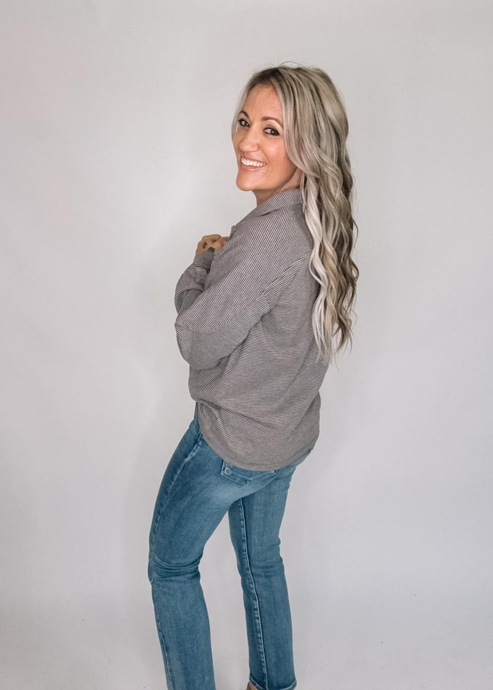 Brown Micro Stripe Pullover with Buttons