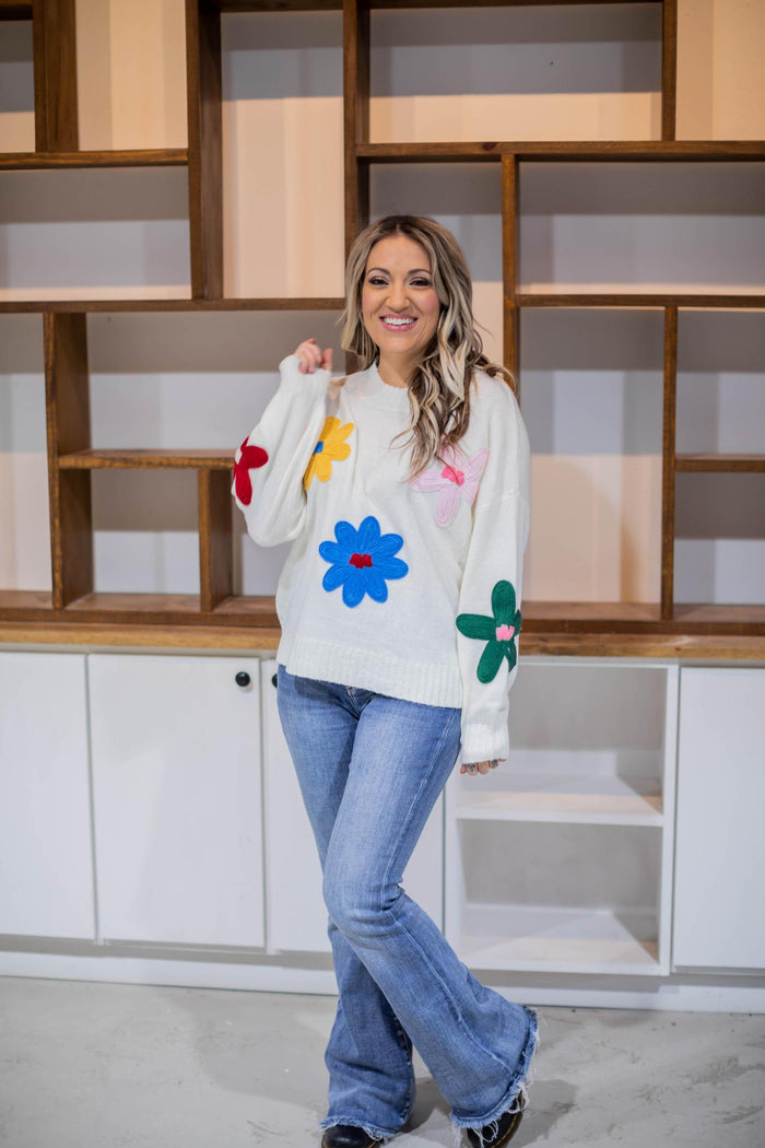 Ivory Knit with Colorful Crochet Flowers