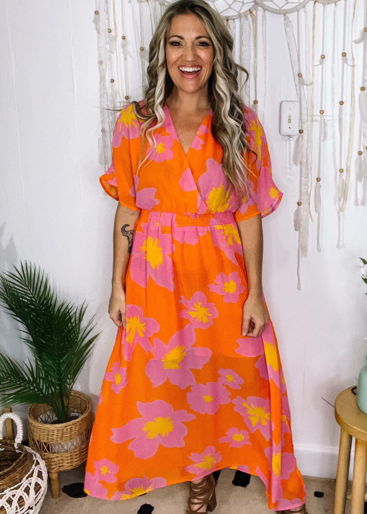 Floral surplice outlet maxi dress