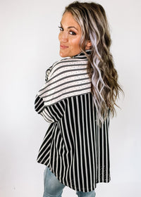 Black and White Textured Stripe Button Down Shirt