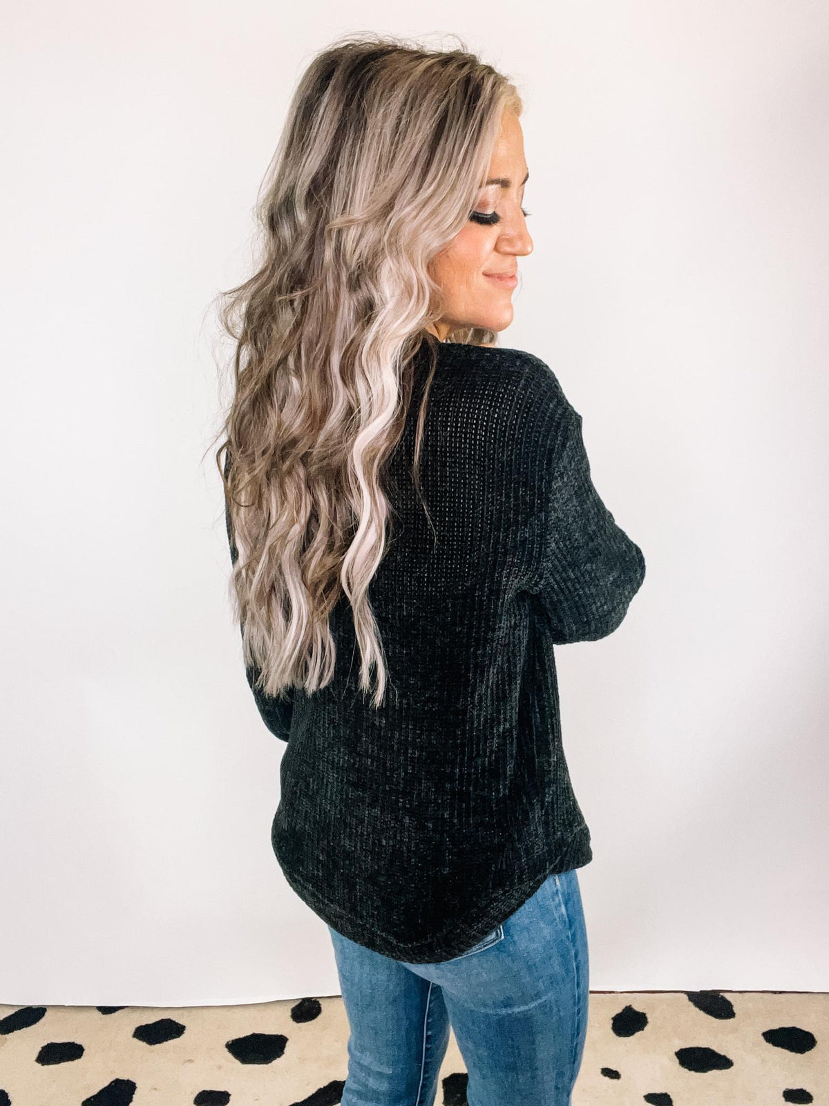 A - Chenille Waffle Round Neck Sweater