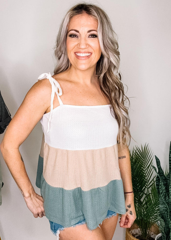 Taupe and Sage Waffle Tiered Top