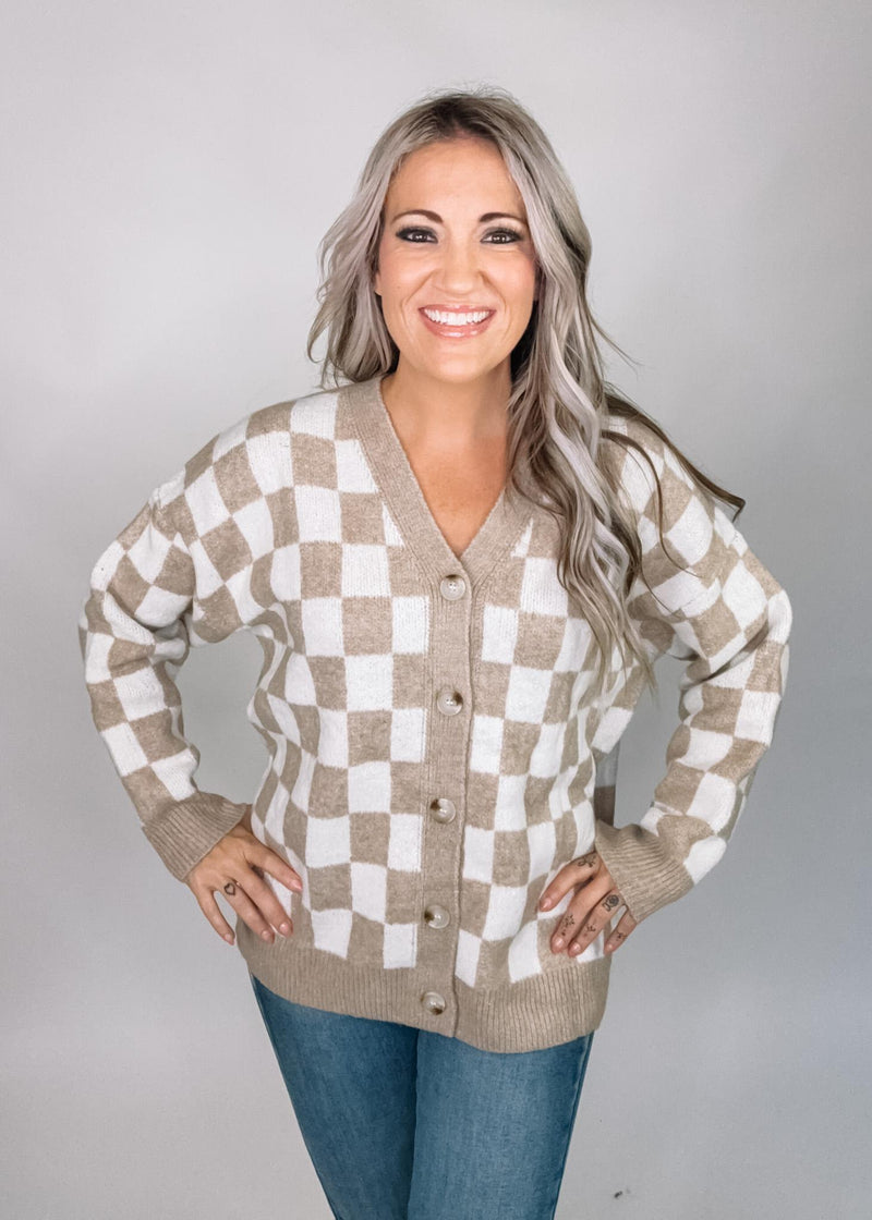 Taupe and Ivory Checkered Cardigan