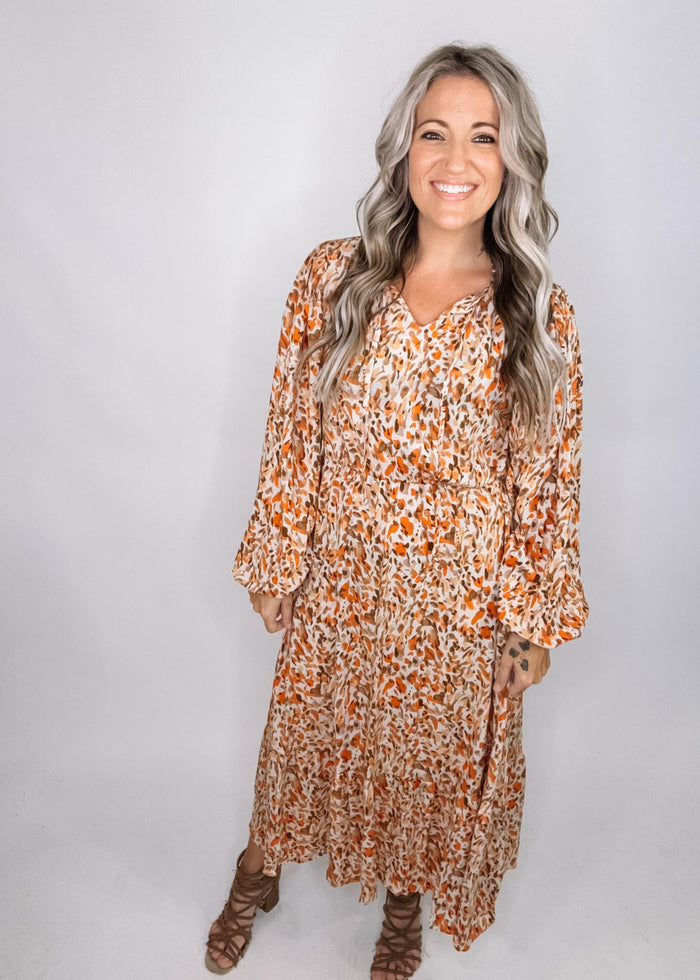 Taupe and Rust Long Sleeve Printed Maxi Dress