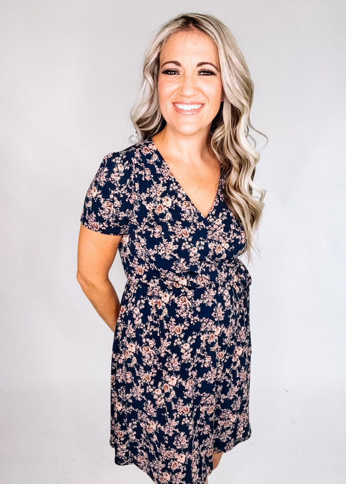 Navy and Taupe Ditsy Floral Faux Wrap Dress