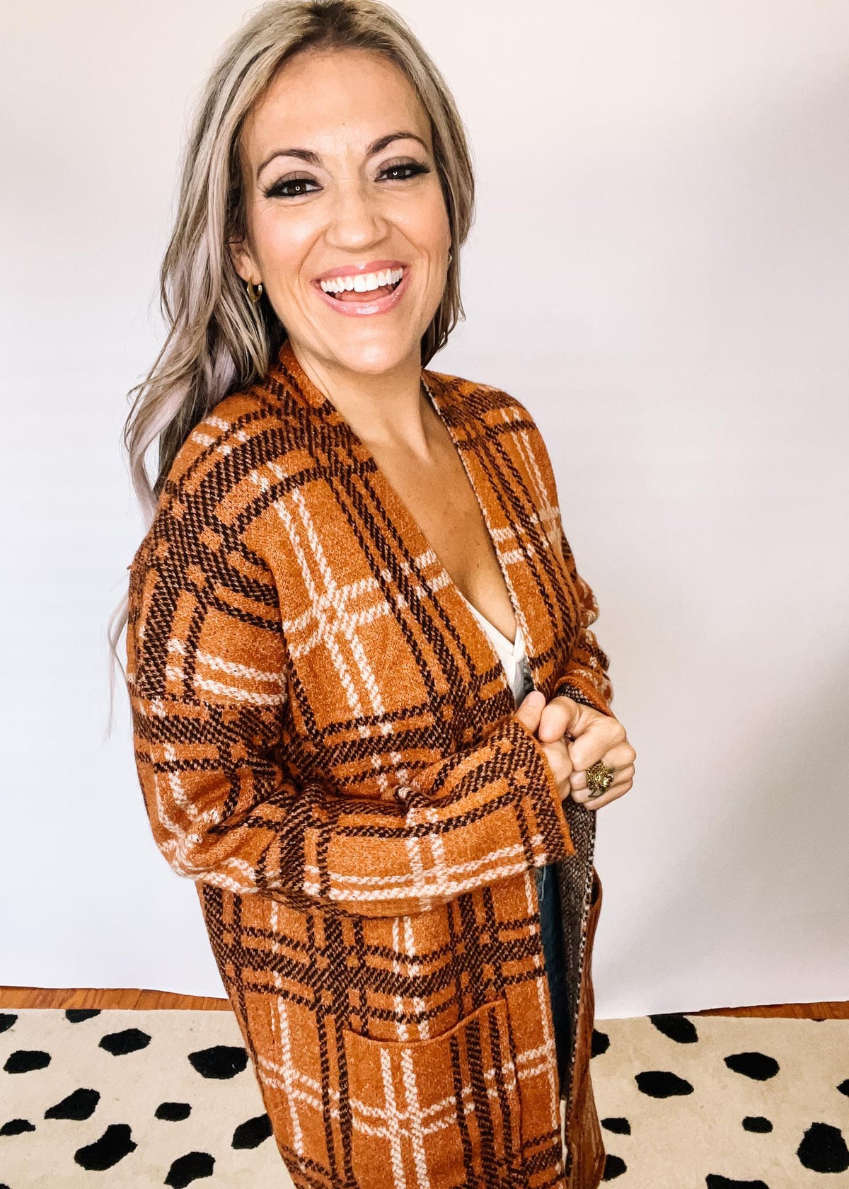 Toffee Plaid Open Front Cardigan