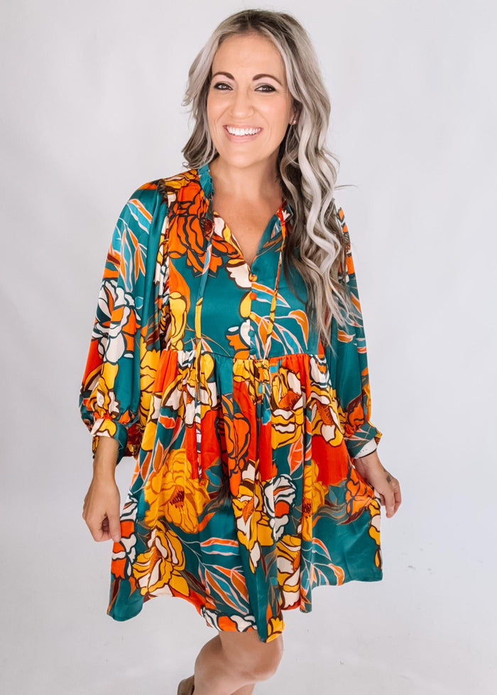 Teal Rust Mustard Satin Printed Mini Dress