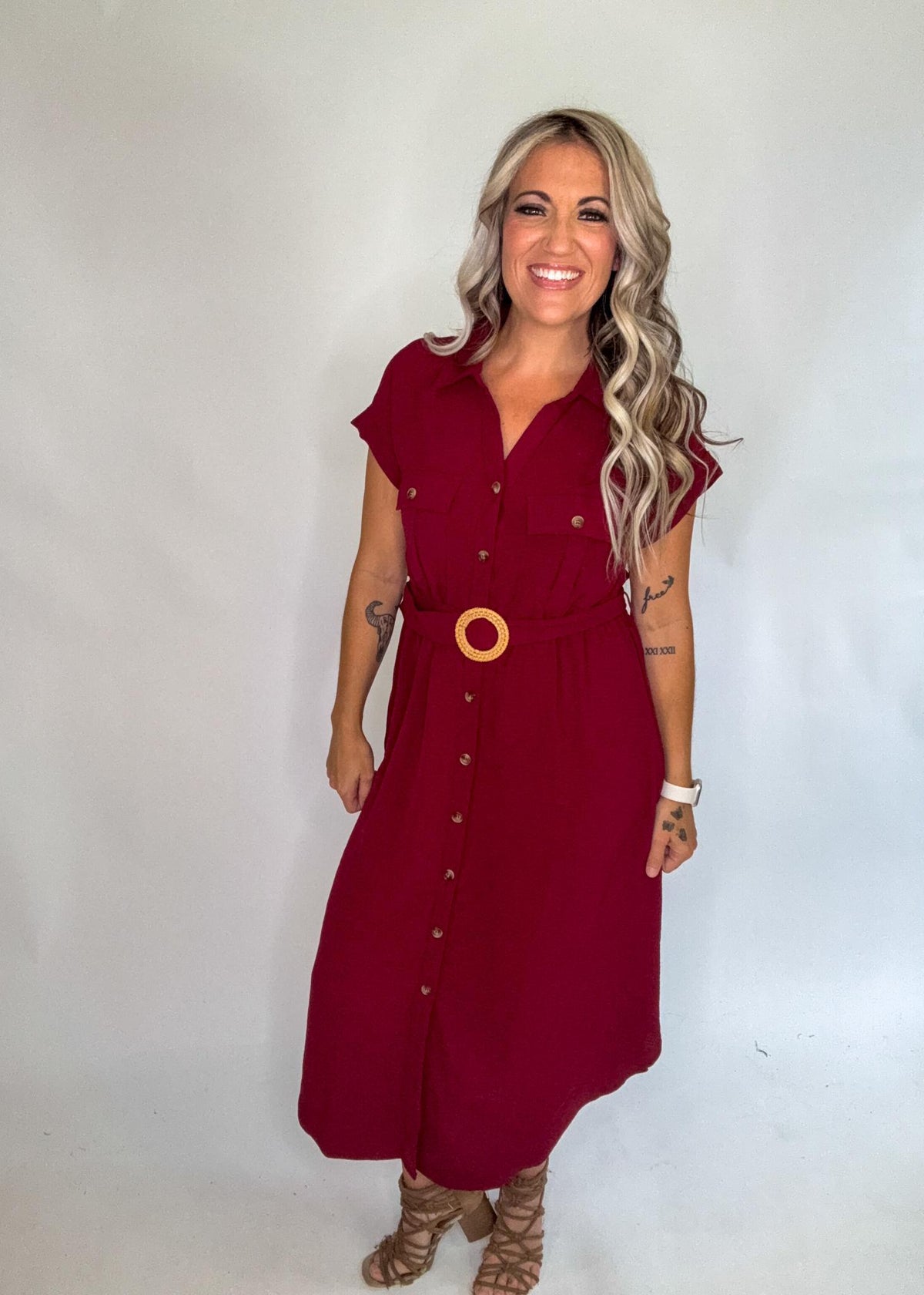 Burgundy Collared Button Down Belted Midi Dress