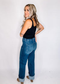 Risen High Rise Button Down Front Patch Pocket Cuffed Jeans