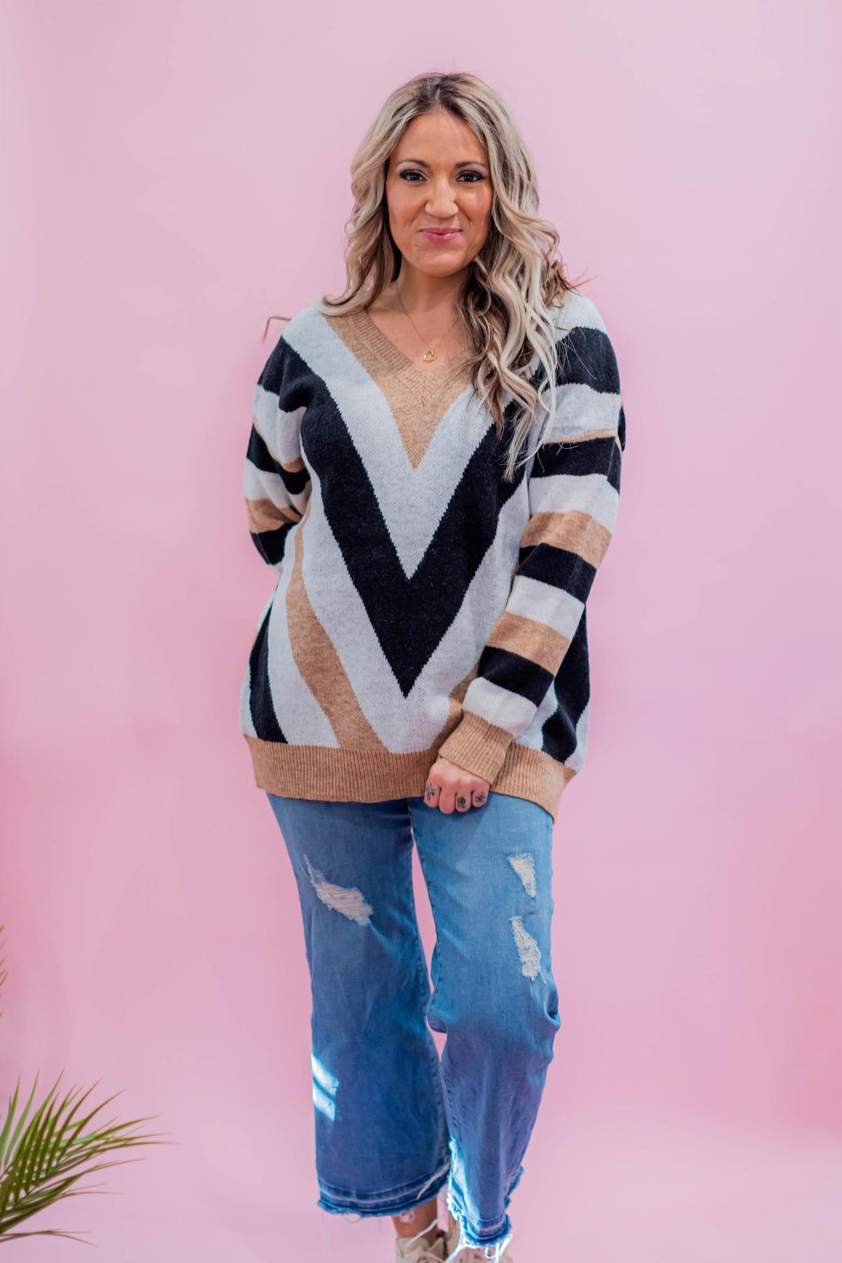 Neutral Chevron Chunky Knit Sweater