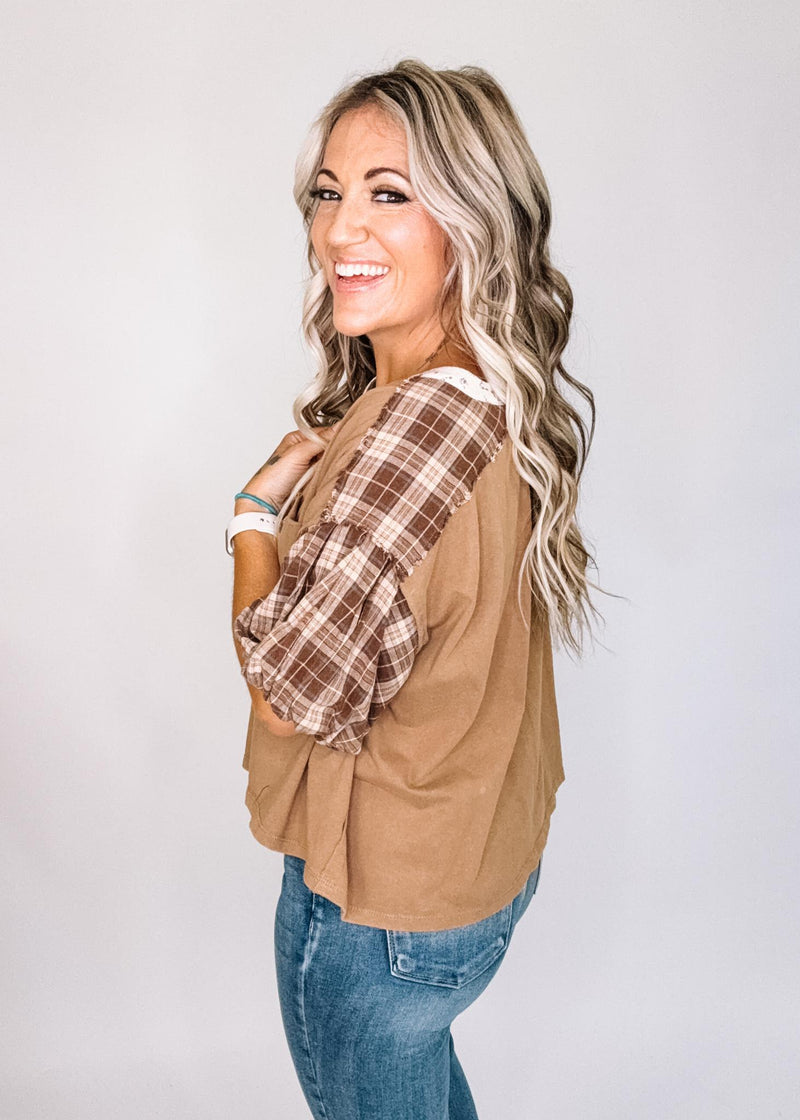 Hazelnut Mineral Washed Mixed Fabric Top