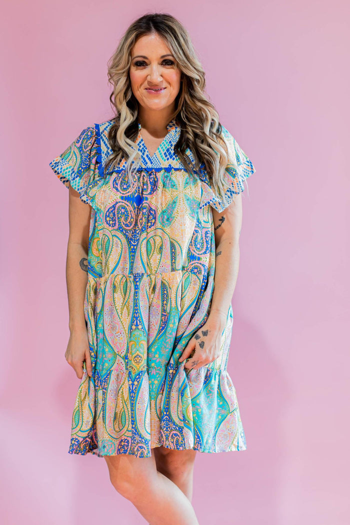 Blue Printed Bib Dress
